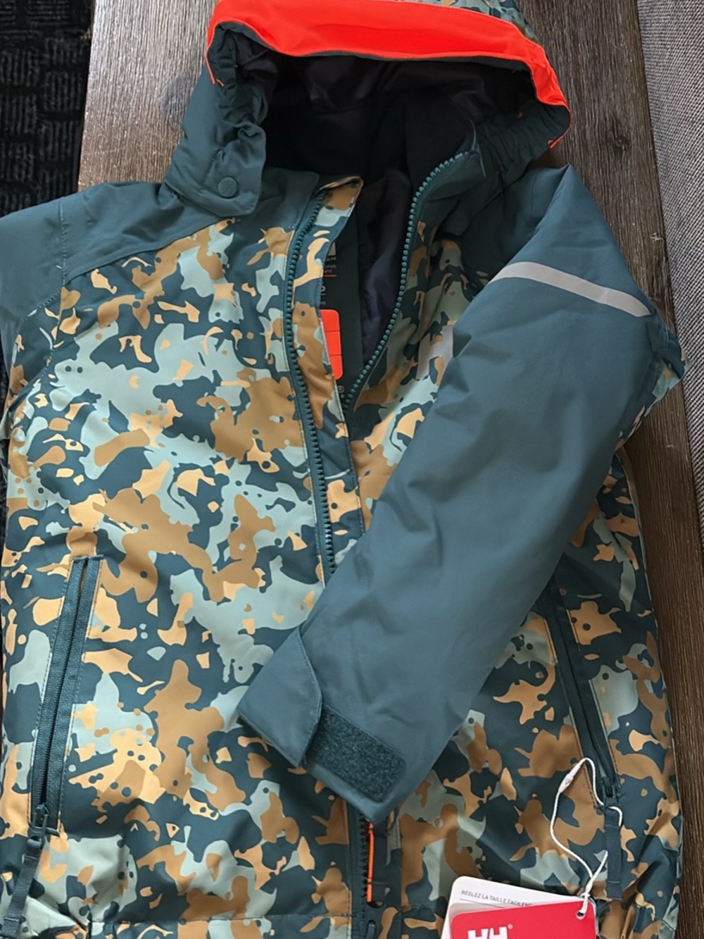 Helly Hansen Kids Camo Puffer Jacket with Orange Hood Trim